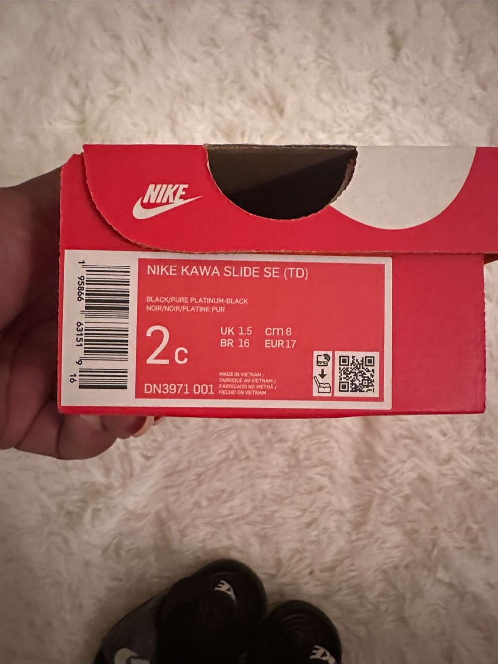 Nike Black/White Kawa Slide SE Toddler Box Label